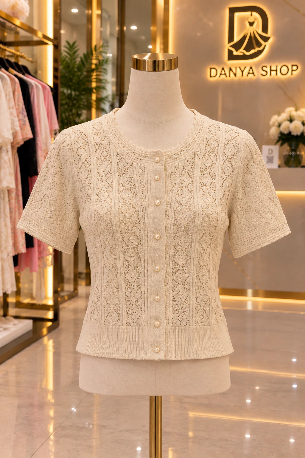 Cardigan en crochet crème à boutons nacrés