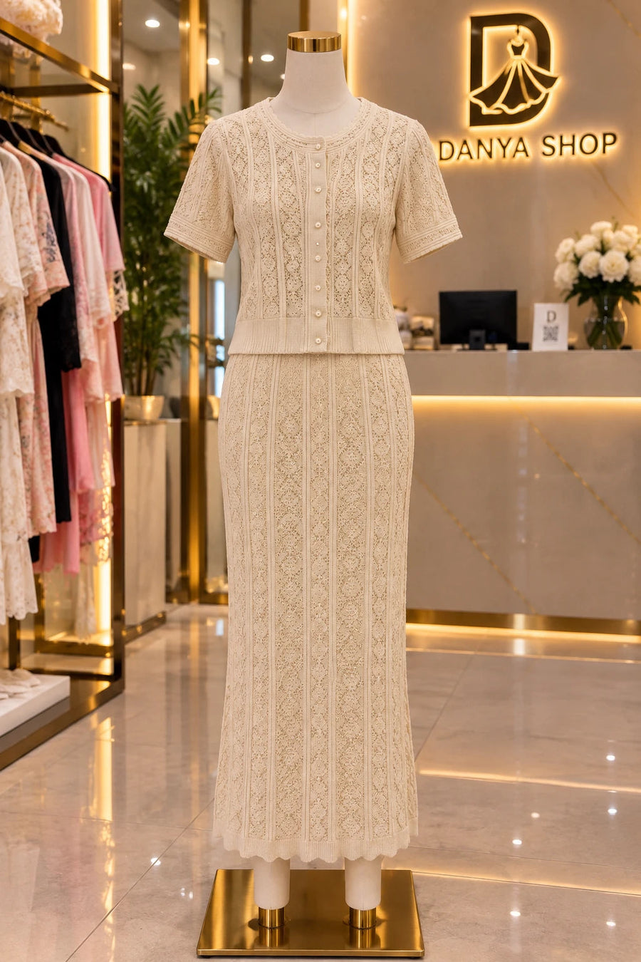 Ensemble cardigan et jupe longue en crochet crème