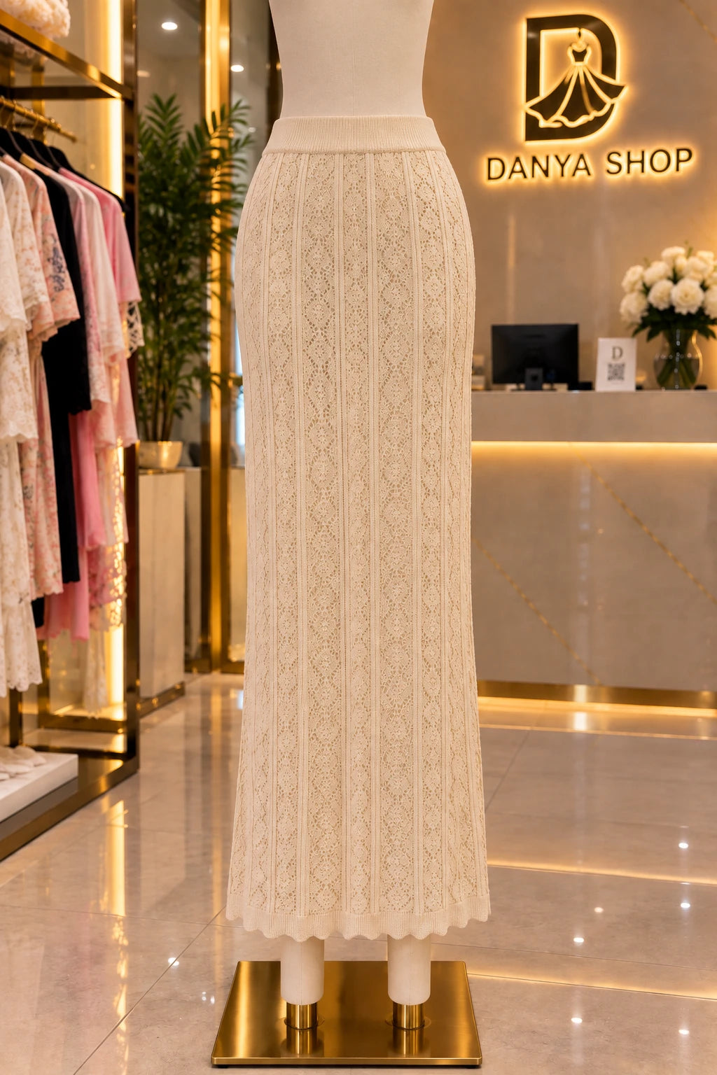 Jupe longue en crochet crème