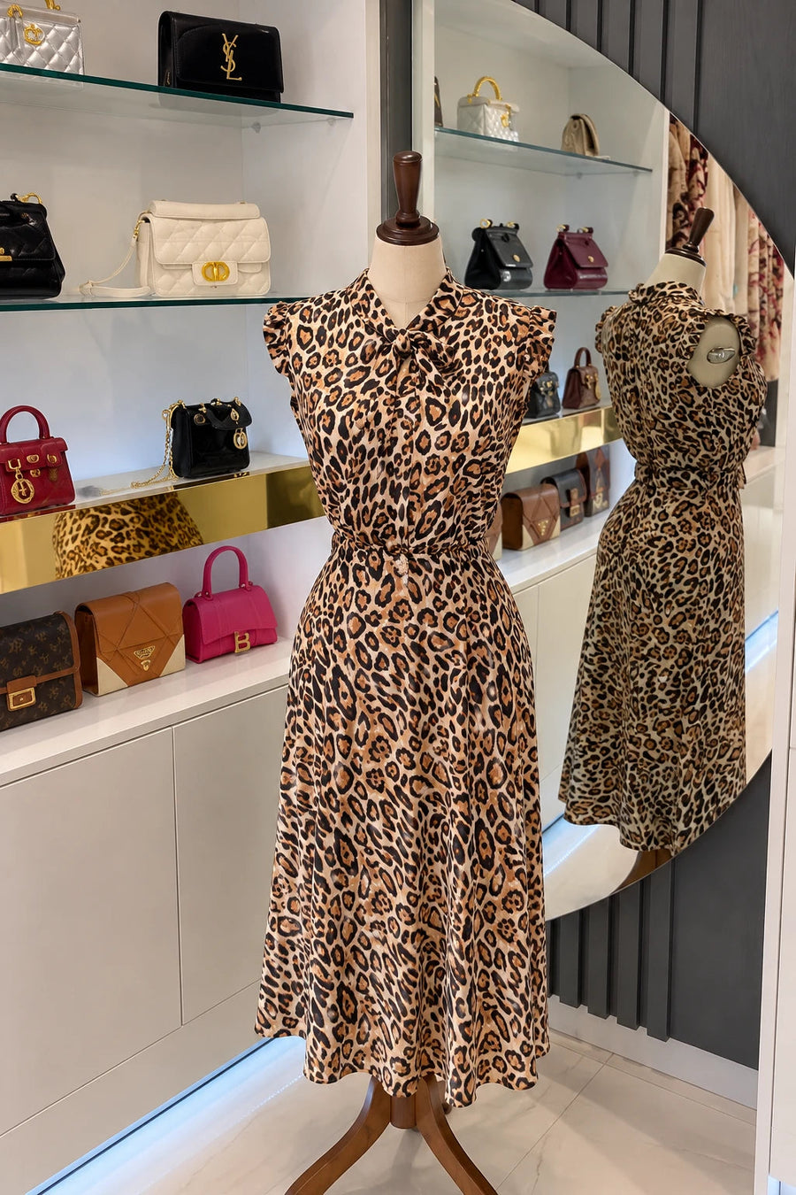 Robe midi léopard à col lavallière