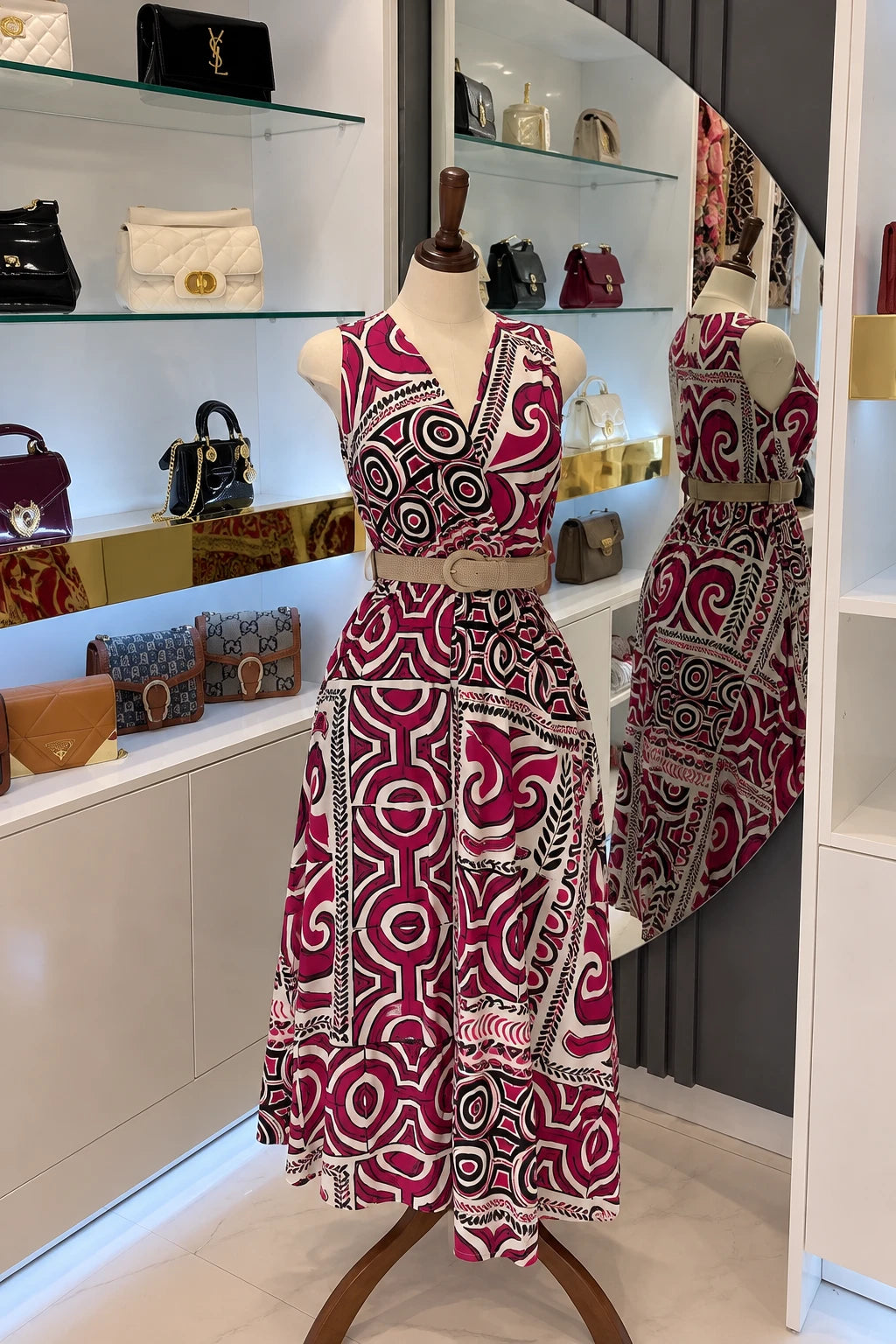 Robe longue portefeuille géométrique fuchsia avec ceinture