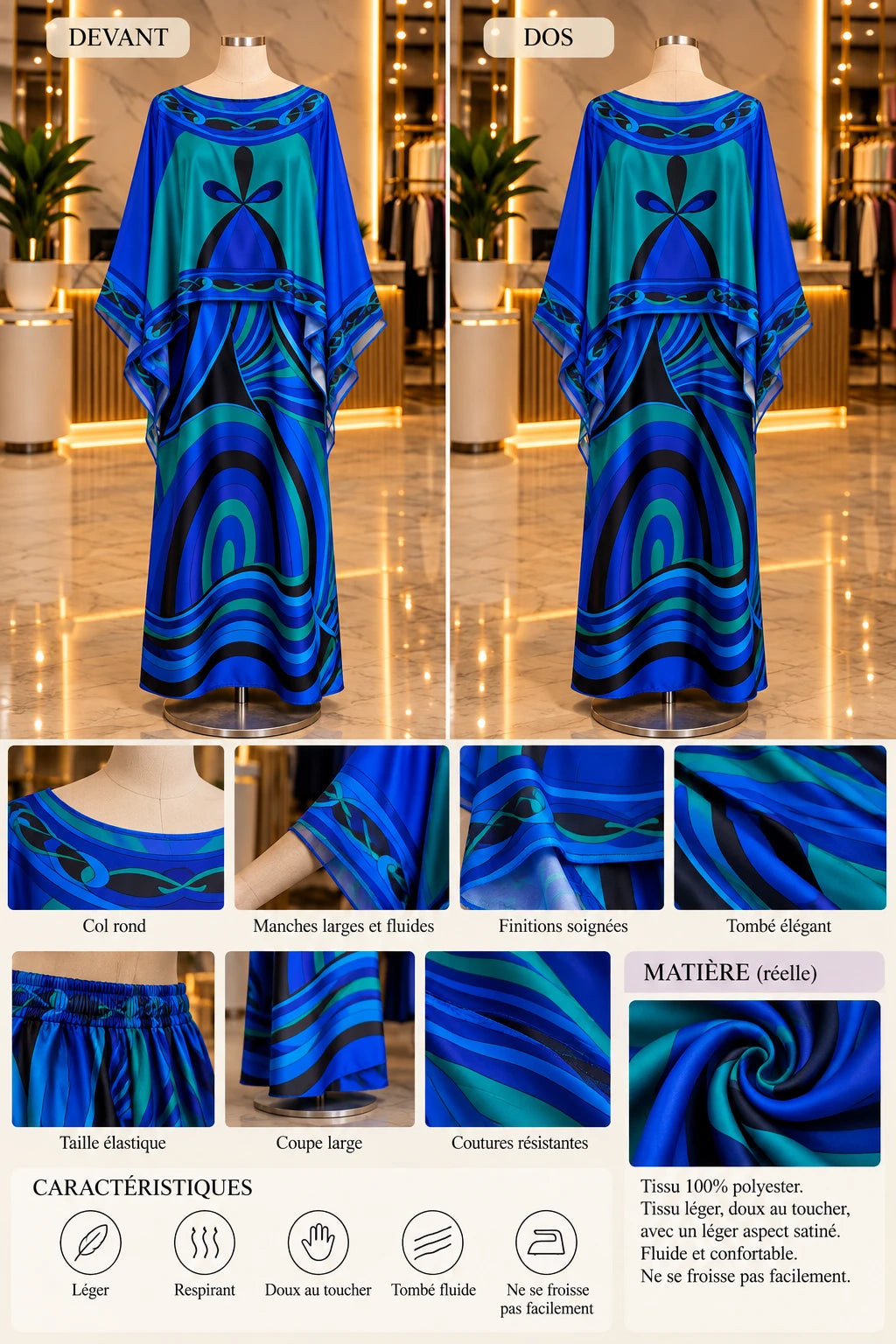 Ensemble poncho et jupe longue bleu roi – détails
