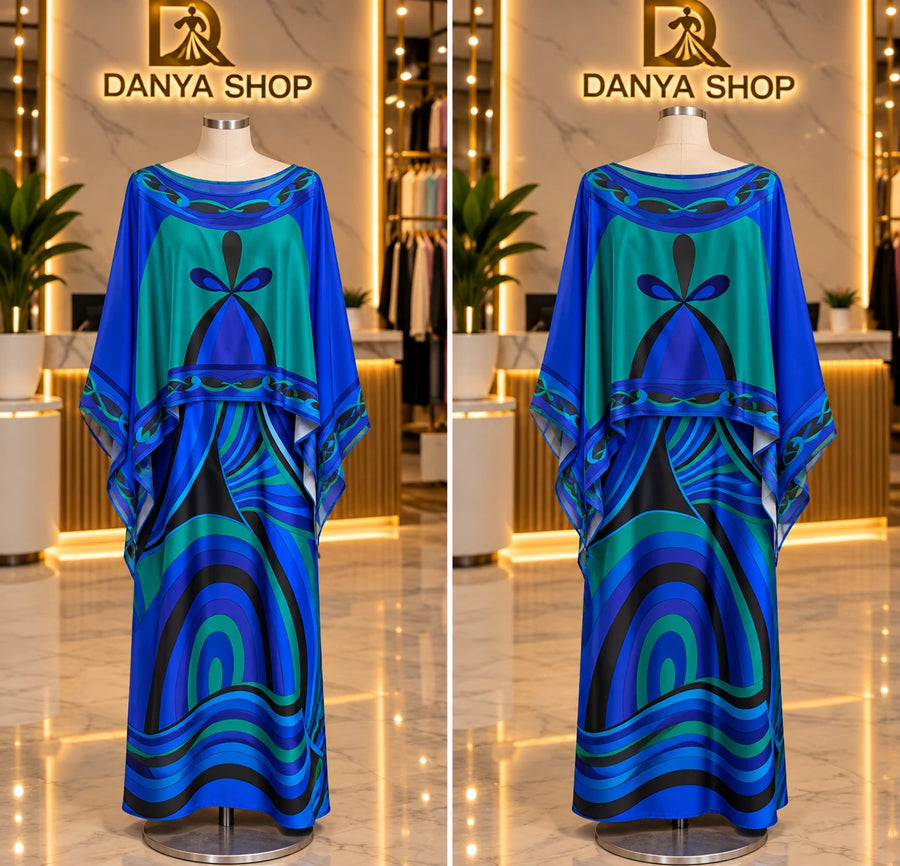 Ensemble poncho et jupe longue bleu roi – devant et dos