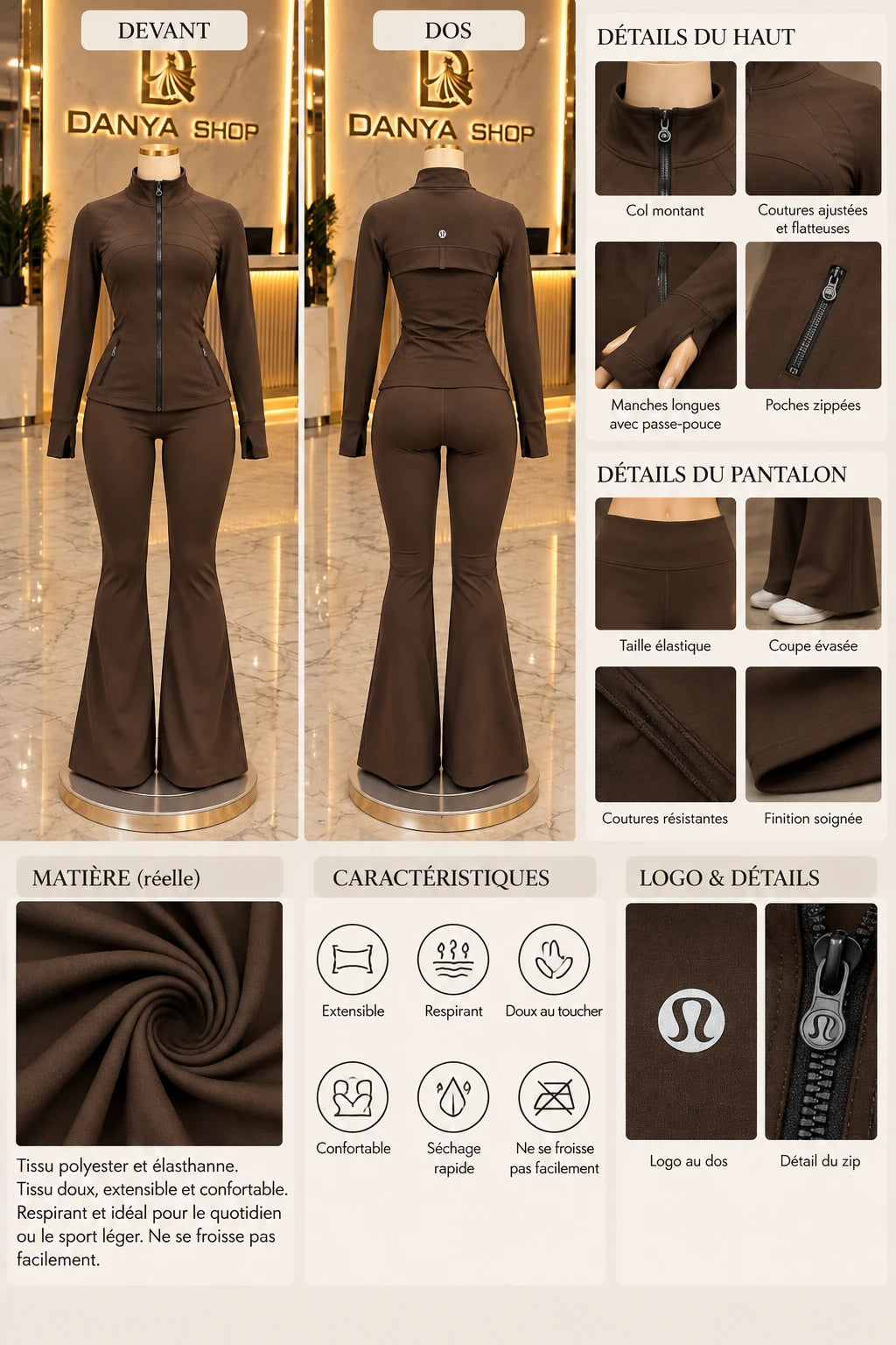 lululemon – ensemble veste zippée et pantalon évasé marron, devant, dos et détails