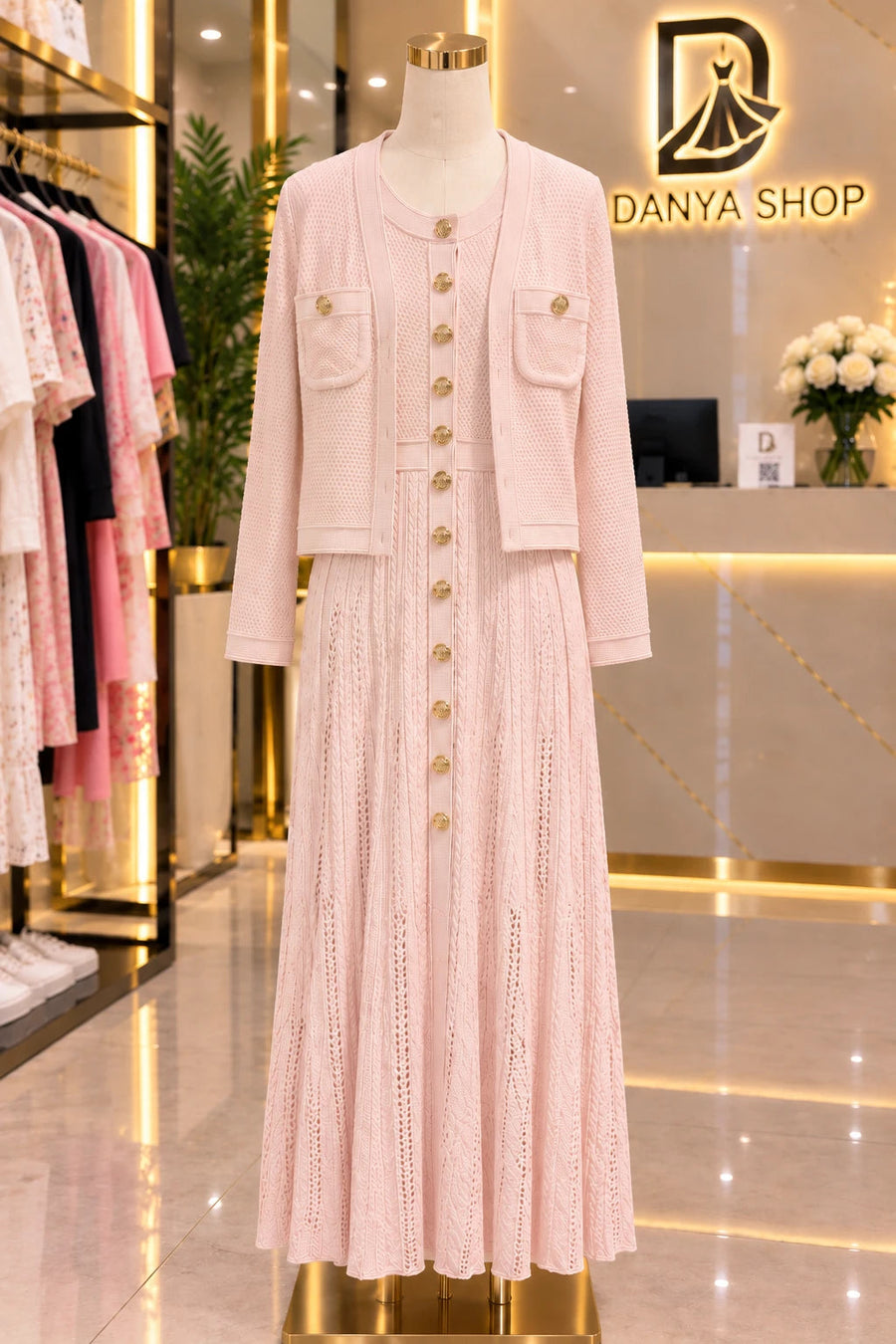 Ensemble cardigan et robe longue en maille ajourée rose poudré