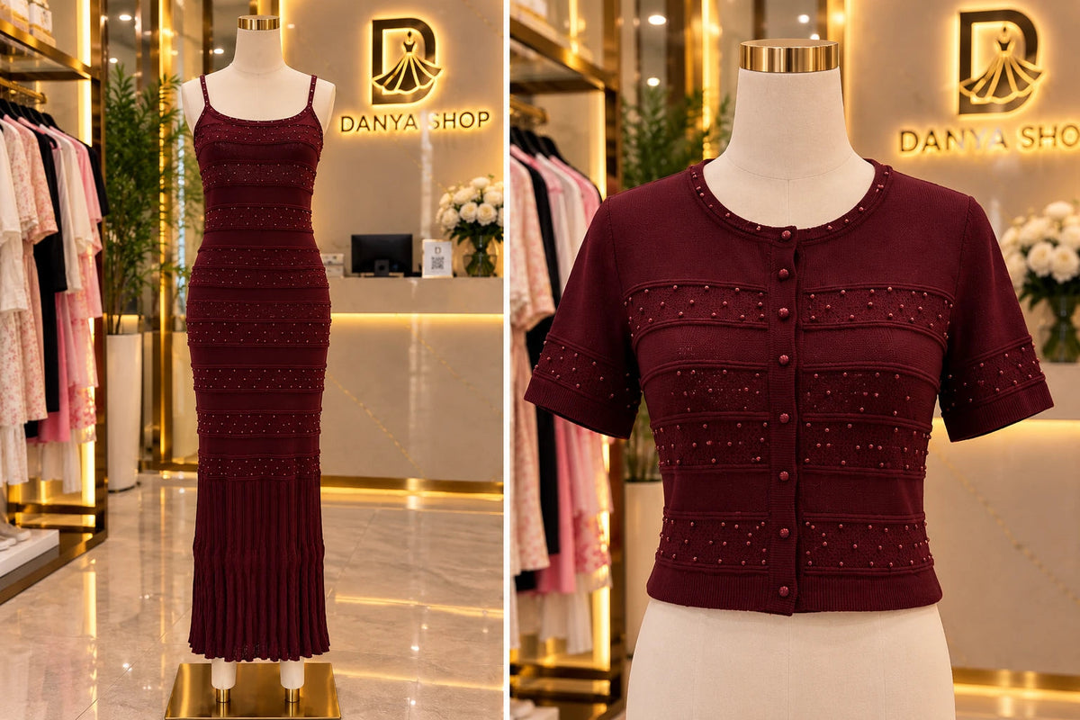 Robe à bretelles et cardigan perlés bordeaux