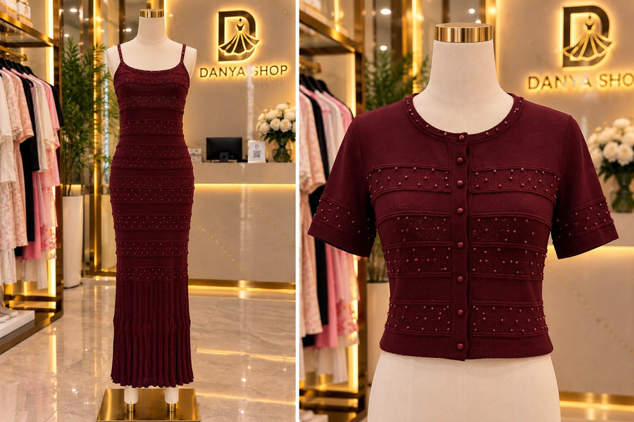 Ensemble robe & cardigan perlés bordeaux