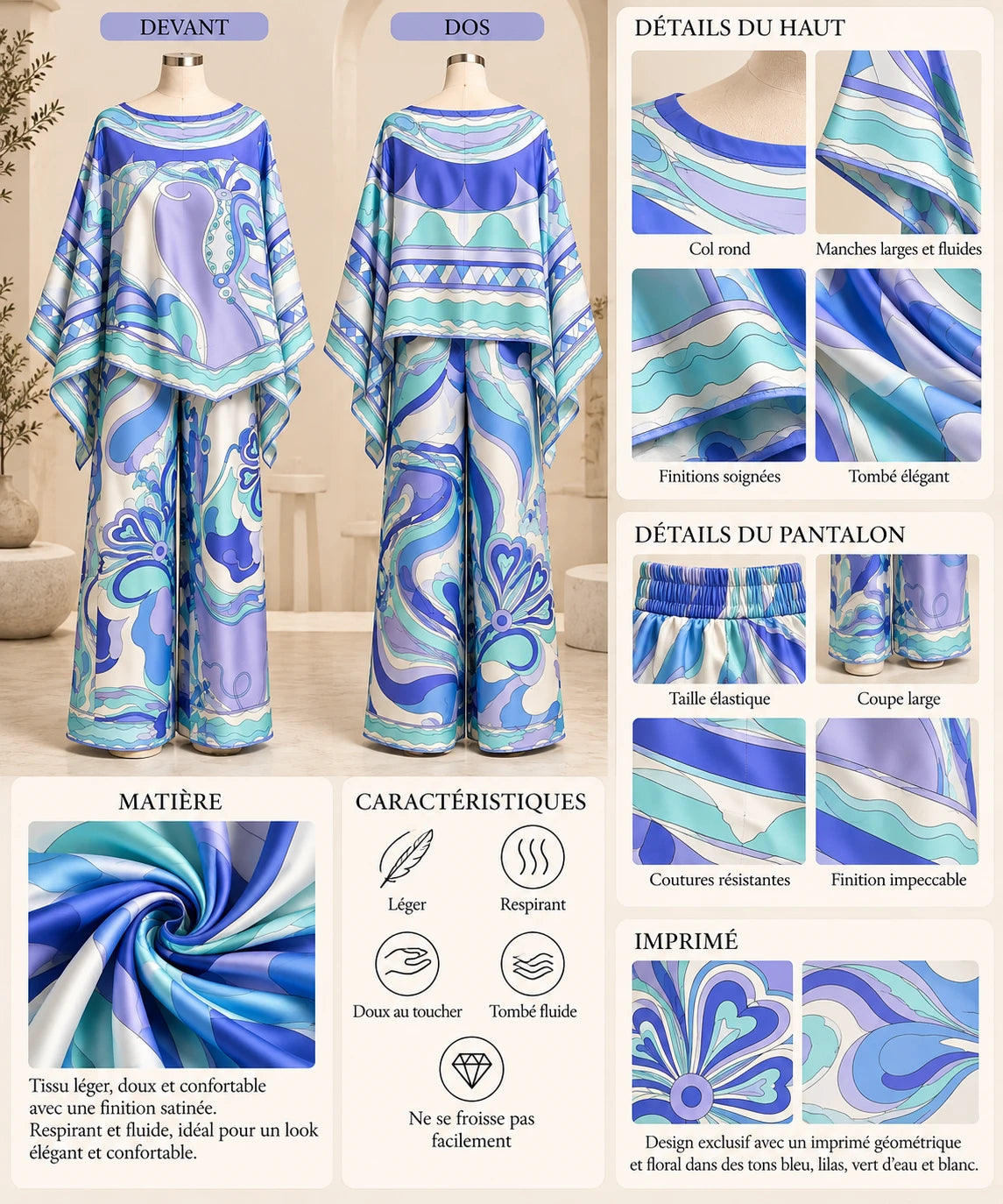 Ensemble poncho et pantalon large lilas – détails