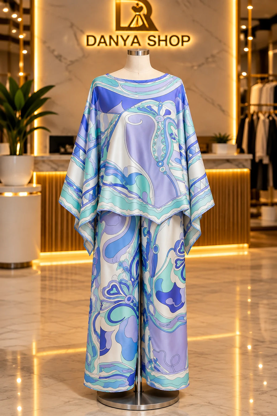 Ensemble poncho et pantalon large lilas – devant