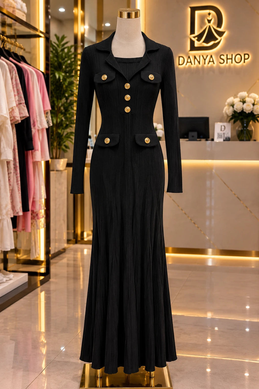 Robe longue en maille côtelée noire à boutons dorés