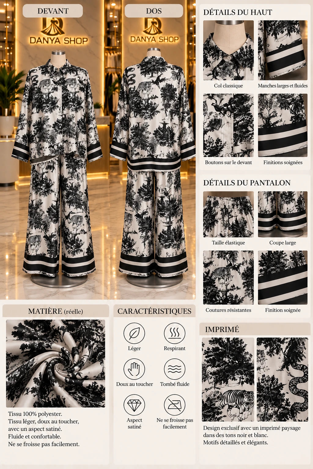 Ensemble toile de Jouy noir et blanc – détails