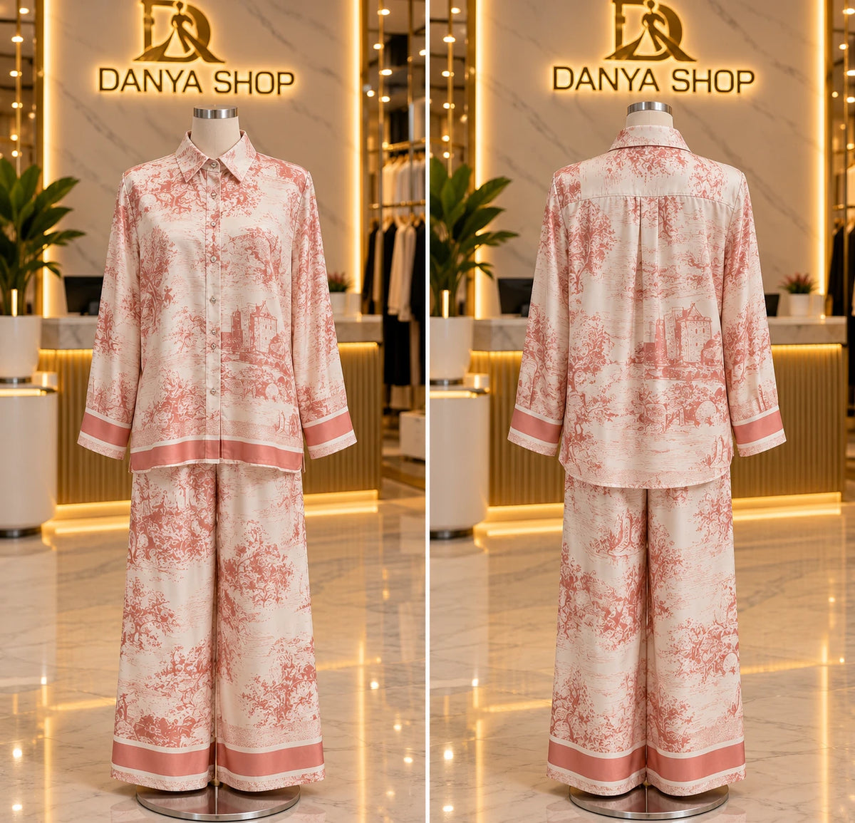 Ensemble toile de Jouy rose – devant et dos
